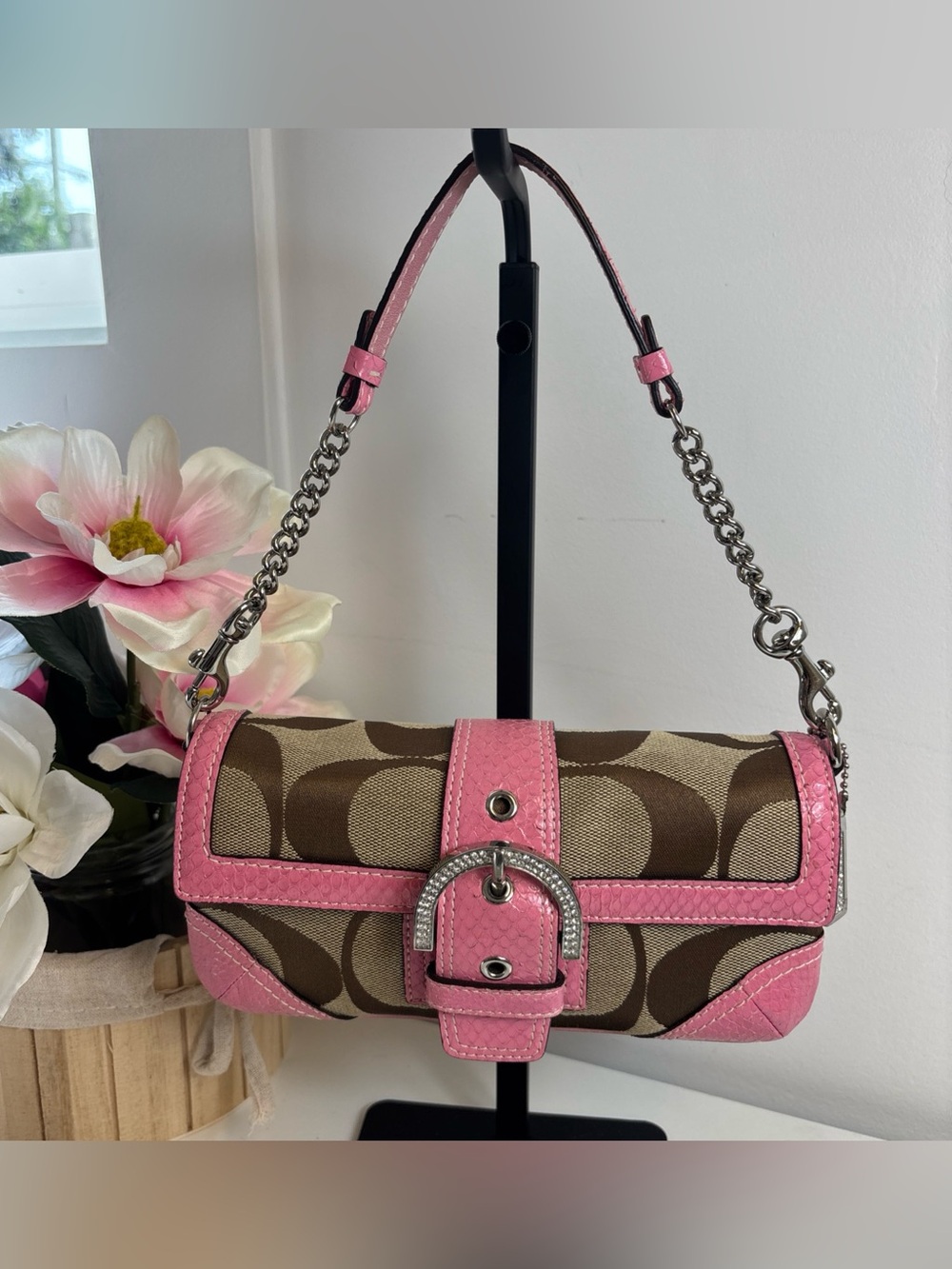 Coach Bling Soho Pink Snakeskin Rhinestone Crystal Buckle Flap Bag 2005 Y2K RARE